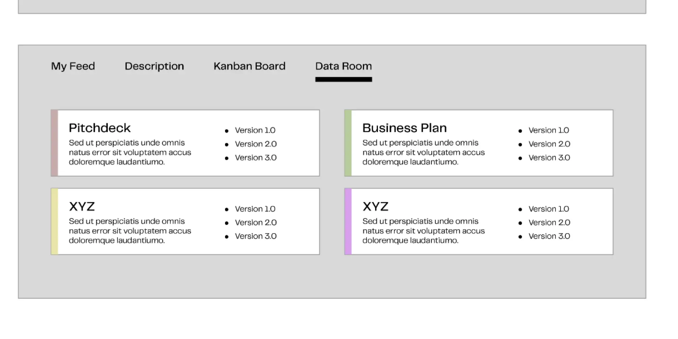 Data room showing versioned documents